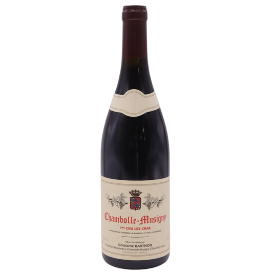 Ghislaine Barthod 2021 Chambolle Musigny 1er Cru Les Cras wine bottle photographed for product listing _red_wine_bottle
