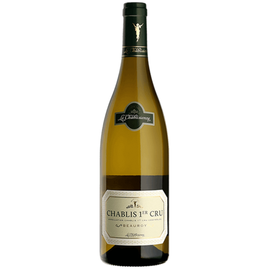 La Chablisienne 2019 Chablis 1er Cru Beauroy wine bottle presented for catalog display _white_wine_bottle