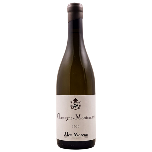 Alex Moreau 2022 Chassagne Montrachet wine bottle presented for catalog display _white_wine_bottle