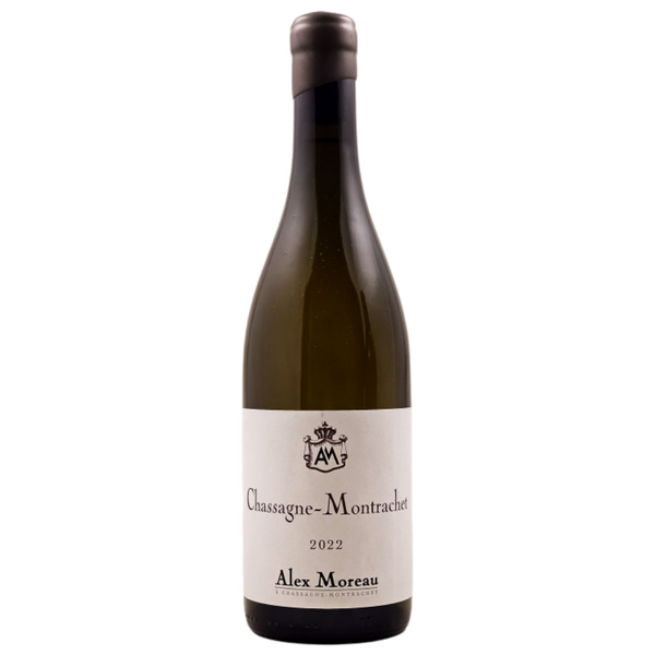 Alex Moreau 2022 Chassagne Montrachet wine bottle presented for catalog display _white_wine_bottle